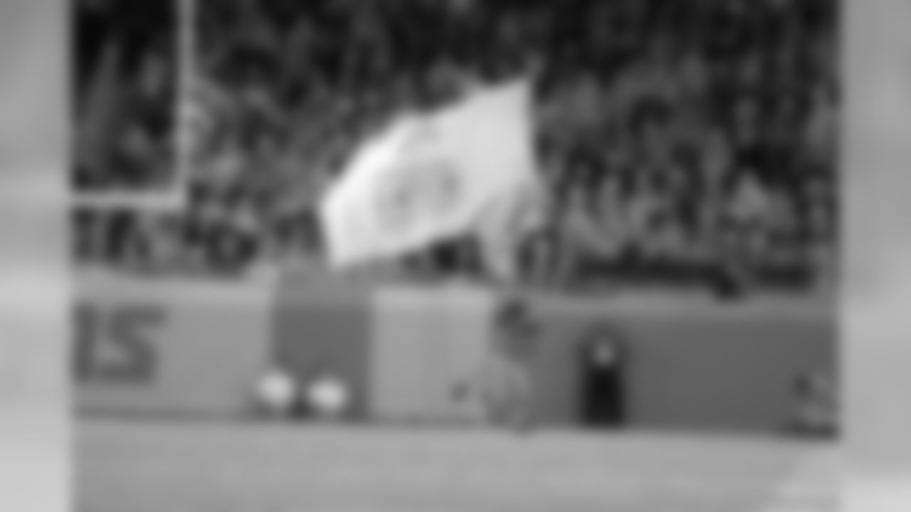 Roary waves the crucial catch flag during a NFL football game against the New York Giants Sunday, Oct. 27, 2019 in Detroit. (Detroit Lions via AP).