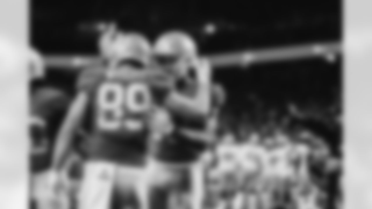 Detroit Lions tight end Brock Wright (89), Detroit Lions tight end Jared Pinkney (80) during a NFL football game against the Green Bay Packers on Sunday, January 9, 2022 in Detroit, MI. (Jeff Nguyen/Detroit Lions).