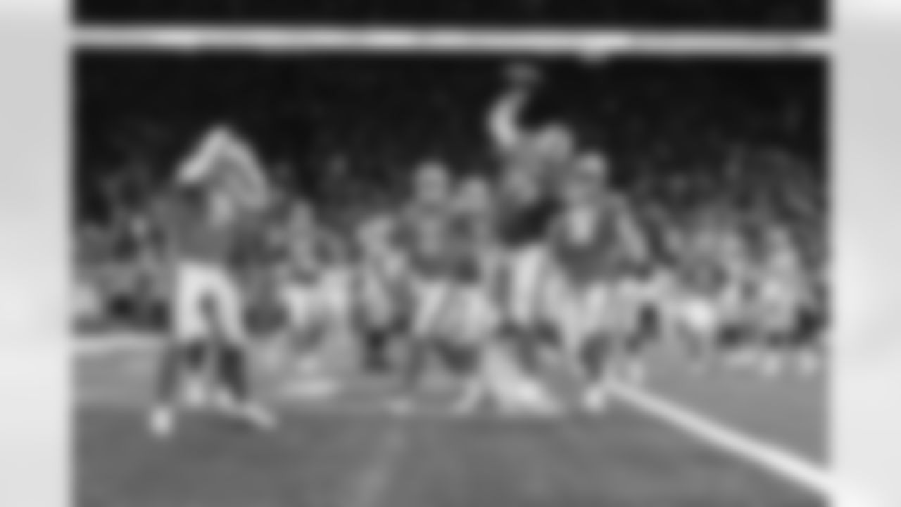 Detroit Lions center Frank Ragnow (77), Detroit Lions tight end Shane Zylstra (84), and Detroit Lions quarterback Jared Goff (16) celebrate after a touchdown during a NFL football game against the Green Bay Packers on Sunday, November 6, 2022 in Detroit, MI. (Jeff Nguyen/Detroit Lions).