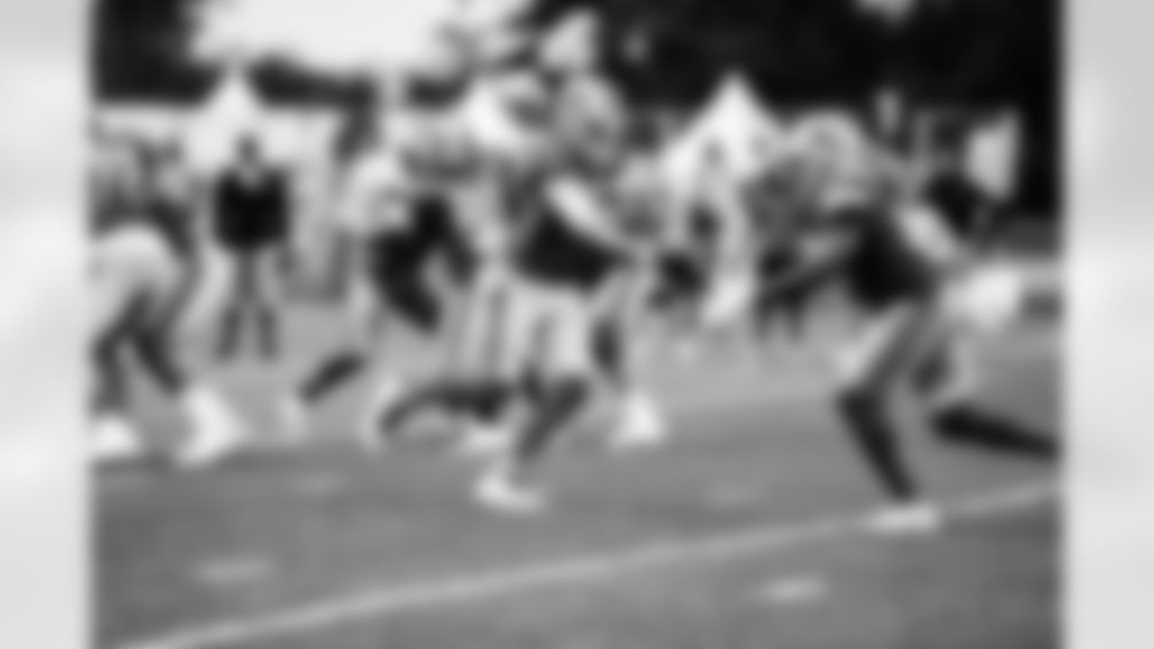 Detroit Lions quarterback Jared Goff (16) Detroit Lions running back Dedrick Mills (36) during Lions Training Camp at the Training Facility in Allen Park, MI on August 10th, 2021. (Jeff Nguyen/Detroit Lions)