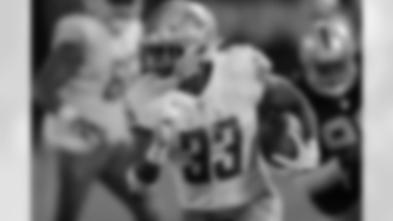 Detroit Lions running back Kerryon Johnson (33) during a NFL football game against the Oakland Raiders on Friday, Aug. 10, 2018 in Oakland, Calif. (Detroit Lions via AP).