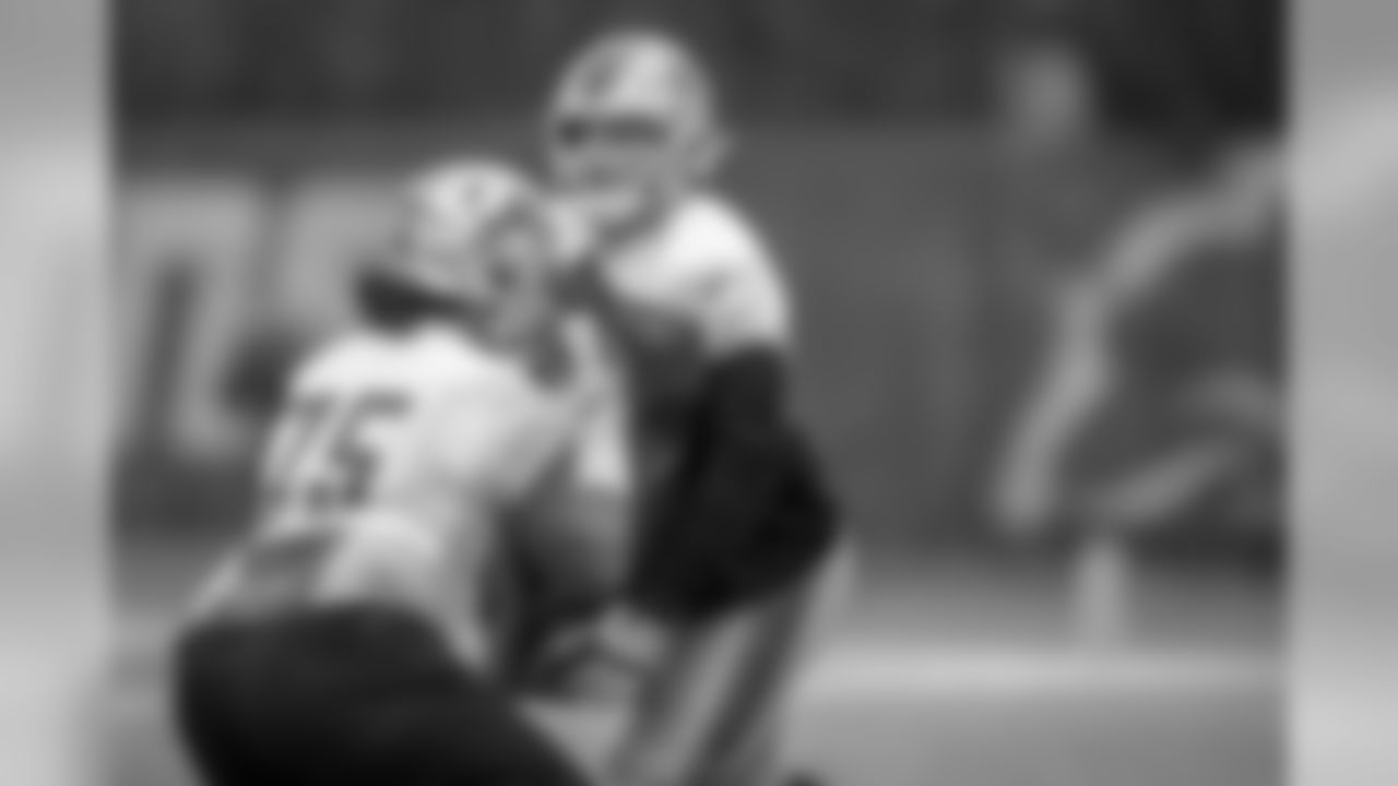 Detroit Lions guard Joe Dahl (66) and Detroit Lions center Leo Koloamatangi (75) during practice at the Detroit Lions training facility on Thursday, Dec. 27, 2018 in Allen Park, Mich. (Detroit Lions via AP)