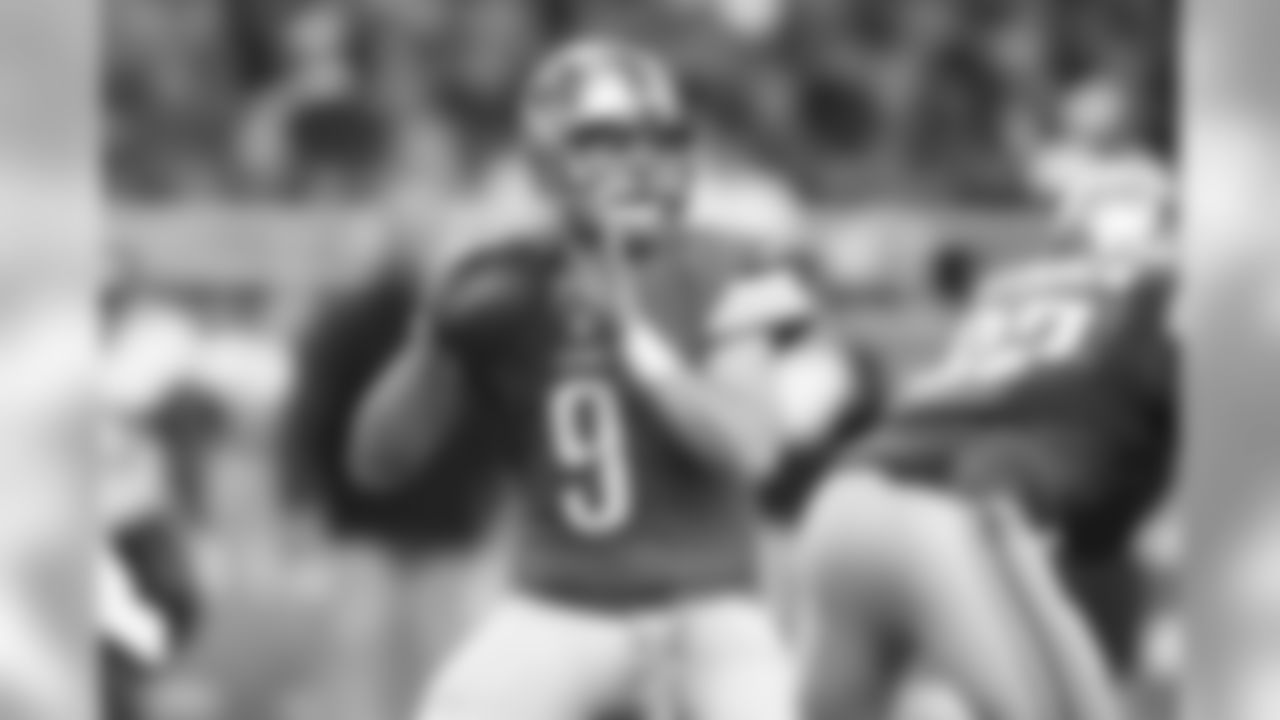 Detroit Lions quarterback Matthew Stafford (9) drops back to pass against the Tampa Bay Buccaneers during an NFL football game at Ford Field in Detroit, Sunday, Nov. 24, 2013. (AP Photo/Rick Osentoski)