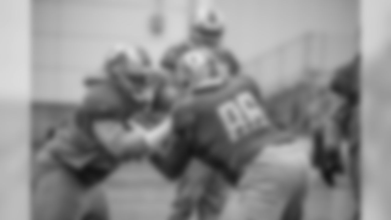 Detroit Lions defensive tackle John Atkins (99) and Detroit Lions defensive tackle Mike Daniels (96) during practice at the Detroit Lions training facility Wednesday, Dec. 4, 2019 in Allen Park, Mich. (Detroit Lions via AP)