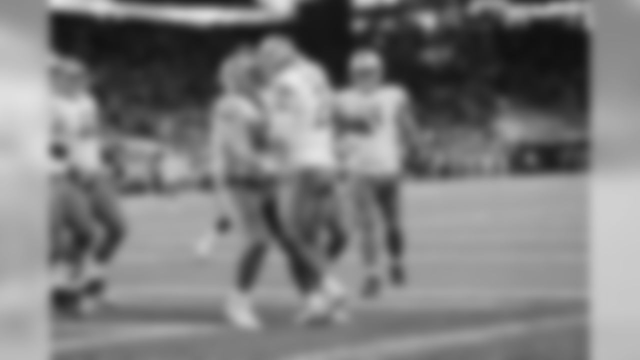 Detroit Lions quarterback Jeff Driskel (2) celebrates a touchdown during a NFL football game against the Dallas Cowboys Sunday, Nov. 17, 2019 in Detroit. (Detroit Lions via AP).
