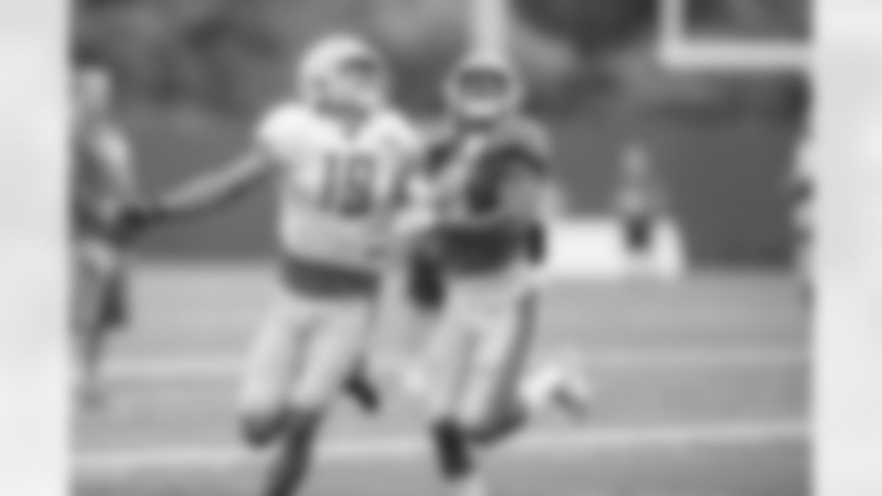 Detroit Lions cornerback Nevin Lawson (24) blankets wide receiver Kenny Golladay (19) during training camp practice on Wednesday, Aug. 1, 2018 in Allen Park, Mich. (Detroit Lions via AP)