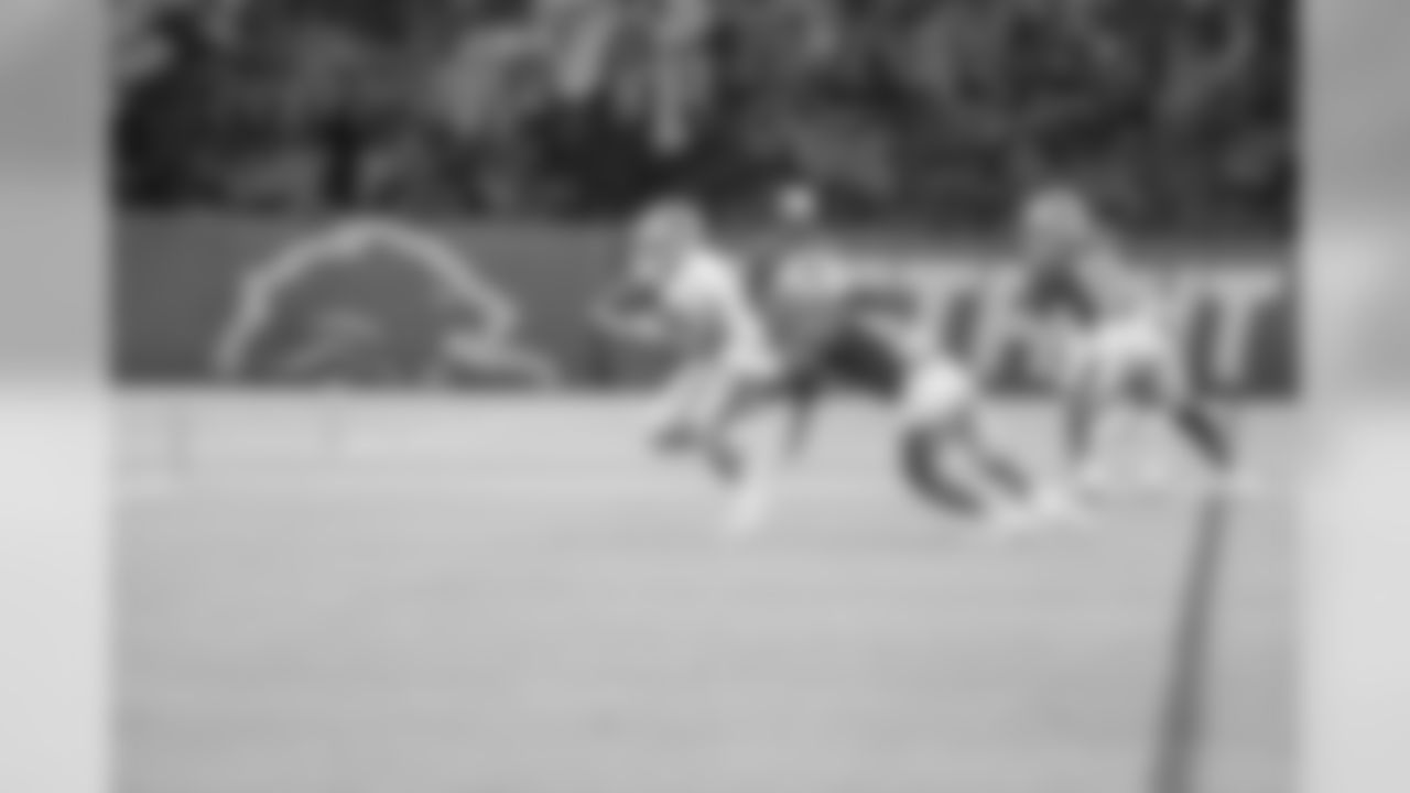 Detroit Lions wide receiver Tom Kennedy (85) catches a touchdown during Day 13 of 2019 Detroit Lions Training Camp presented by Rocket Mortgage on Saturday, Aug. 10, 2019 in Allen Park, Mich. (Detroit Lions via AP)