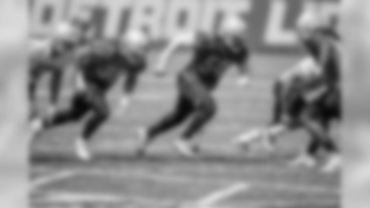 Detroit Lions safety Miles Killebrew (35) and linebacker Steve Longa (54) on special teams during an OTA practice at the Detroit Lions training facility on Thursday, May 24, 2018 in Allen Park, Mich. (Detroit Lions via AP)