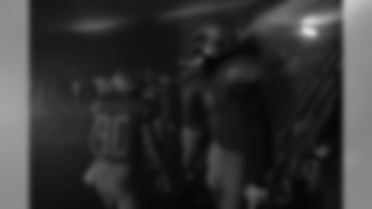 Detroit Lions wide receiver Danny Amendola (80), Detroit Lions offensive lineman Oday Aboushi (76) and Detroit Lions running back Bo Scarbrough (43) in the tunnel for introductions before a NFL football game against the Green Bay Packers Sunday, Dec. 29, 2019 in Detroit. (Detroit Lions via AP).