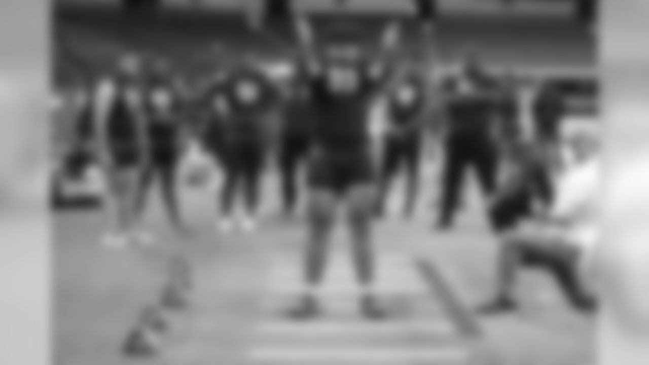 Iowa tackle Tristan Wirfs participates in the broad jump during the 2020 NFL Scouting Combine, Friday, Feb. 28, 2020 in Indianapolis. (Logan Bowles/NFL)