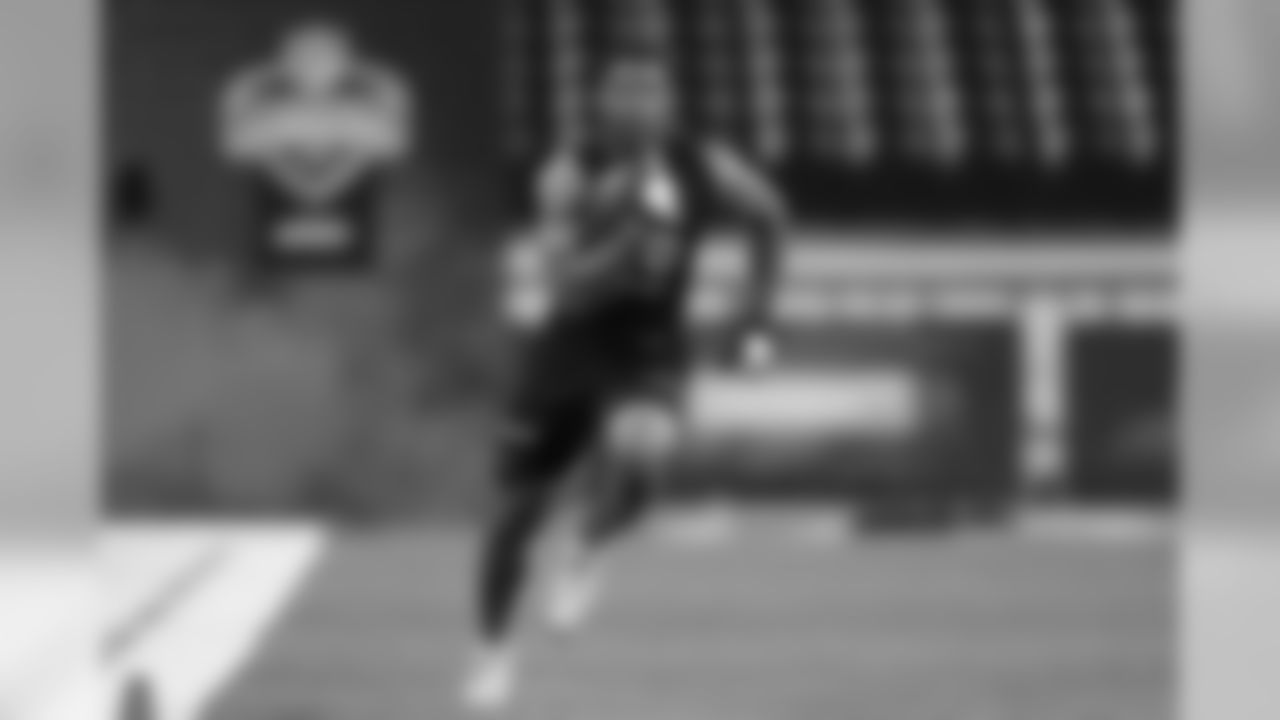UCLA running back Joshua Kelley runs a drill during the 2020 NFL Scouting Combine, Friday, Feb. 28, 2020 in Indianapolis. (Aaron Doster/NFL)