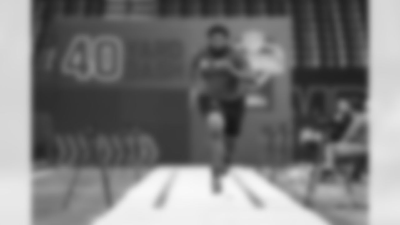 Coastal Carolina defensive lineman Jerrod Clark runs the 40-yard dash during the 2023 Scouting Combine on Thursday, March 2, 2023 in Indianapolis, Indiana.