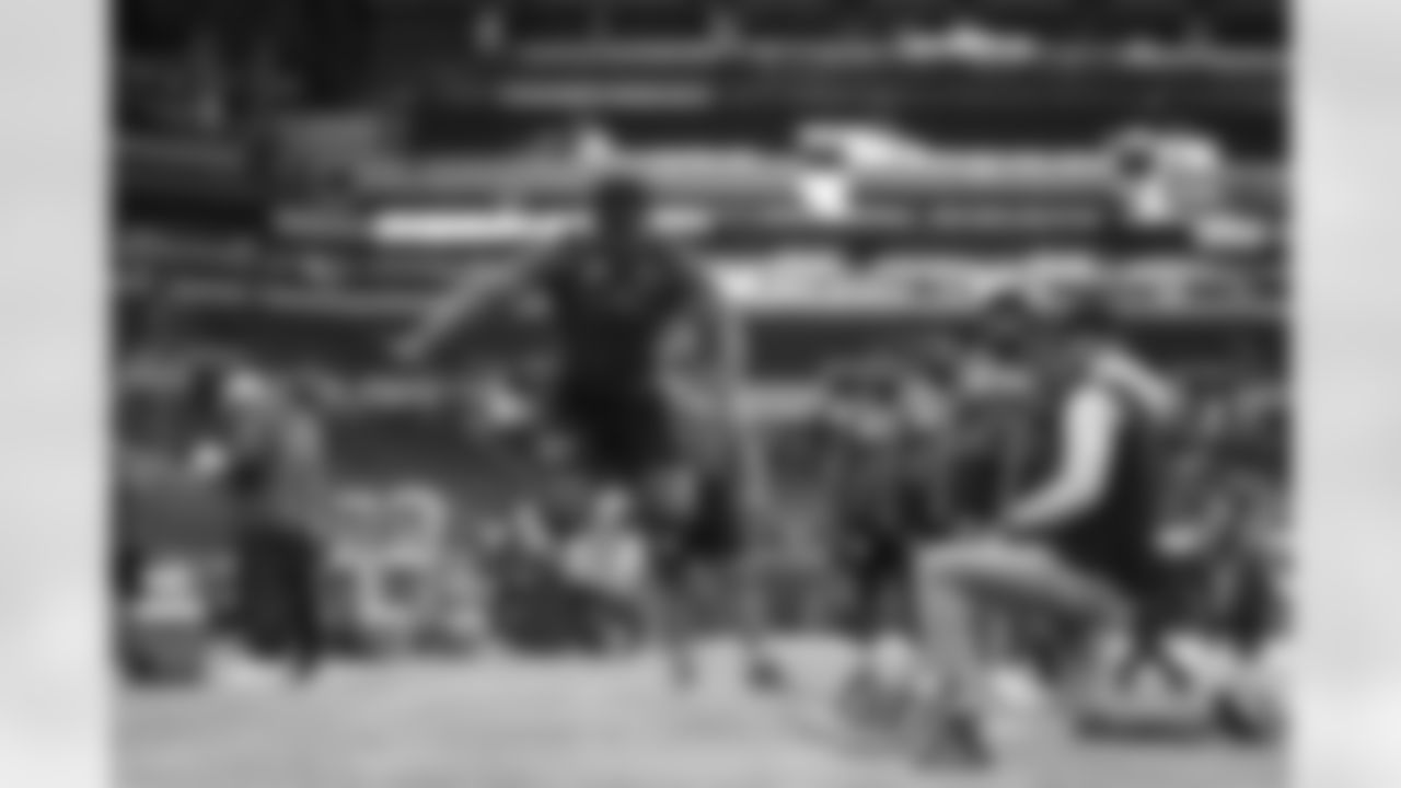 Wisconsin defensive lineman Keeanu Benton participates in the broad jump during the 2023 Scouting Combine on Thursday, March 2, 2023 in Indianapolis, Indiana.