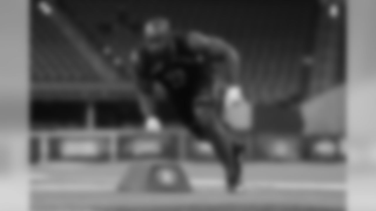 North Carolina State linebacker Germaine Pratt runs a drill at the NFL football scouting combine in Indianapolis, Sunday, March 3, 2019. (AP Photo/Michael Conroy)
