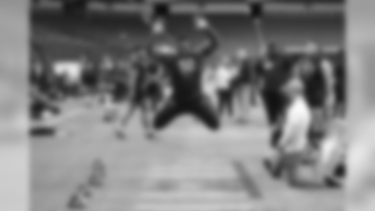 Georgia tackle Isaiah Wilson participates in the broad jump during the 2020 NFL Scouting Combine, Friday, Feb. 28, 2020 in Indianapolis. (Logan Bowles/NFL)