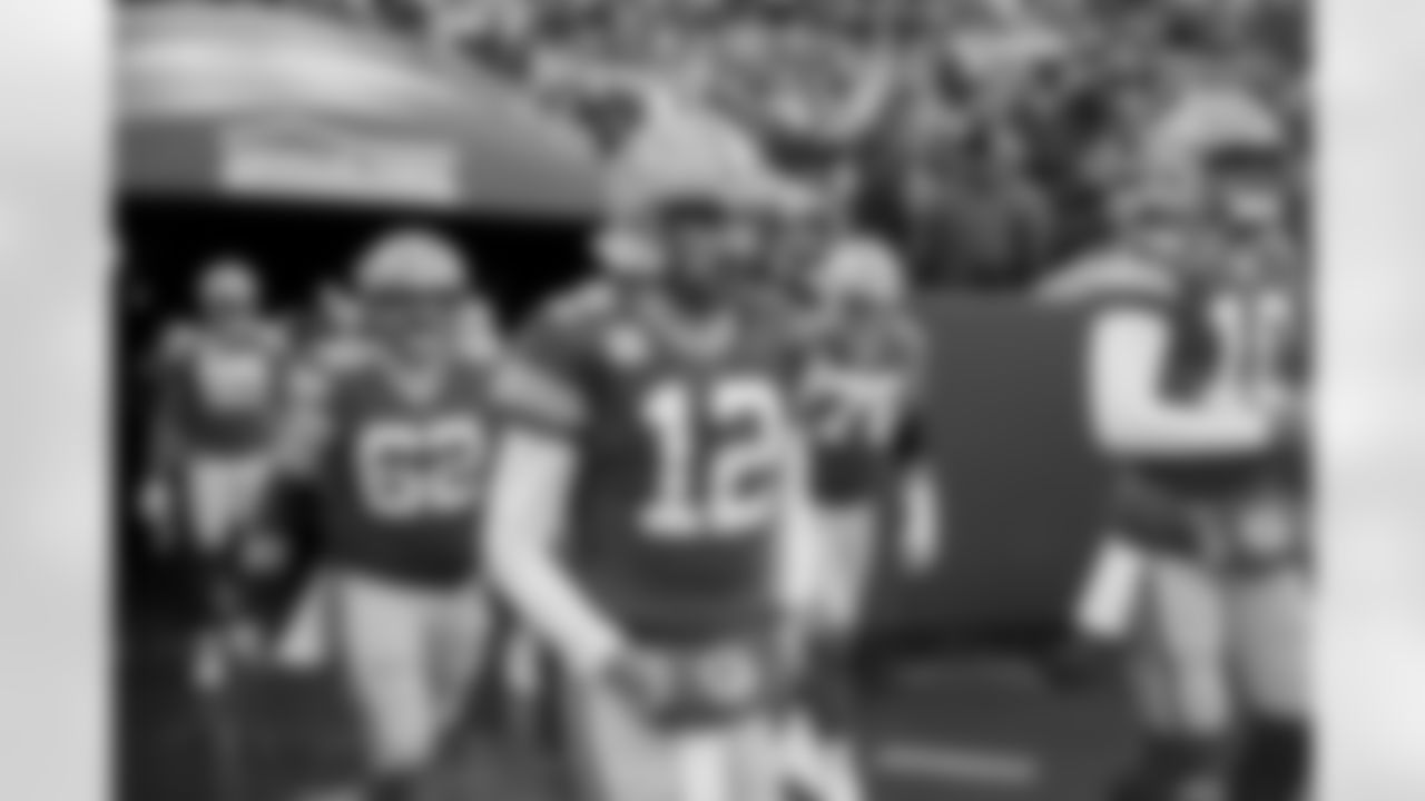 Green Bay Packers quarterback Aaron Rodgers (12) enters onto the field prior to an NFL football game against the Seattle Seahawks on Sunday, November 14, 2021 in Green Bay, Wisconsin. (Todd Rosenberg/NFL)