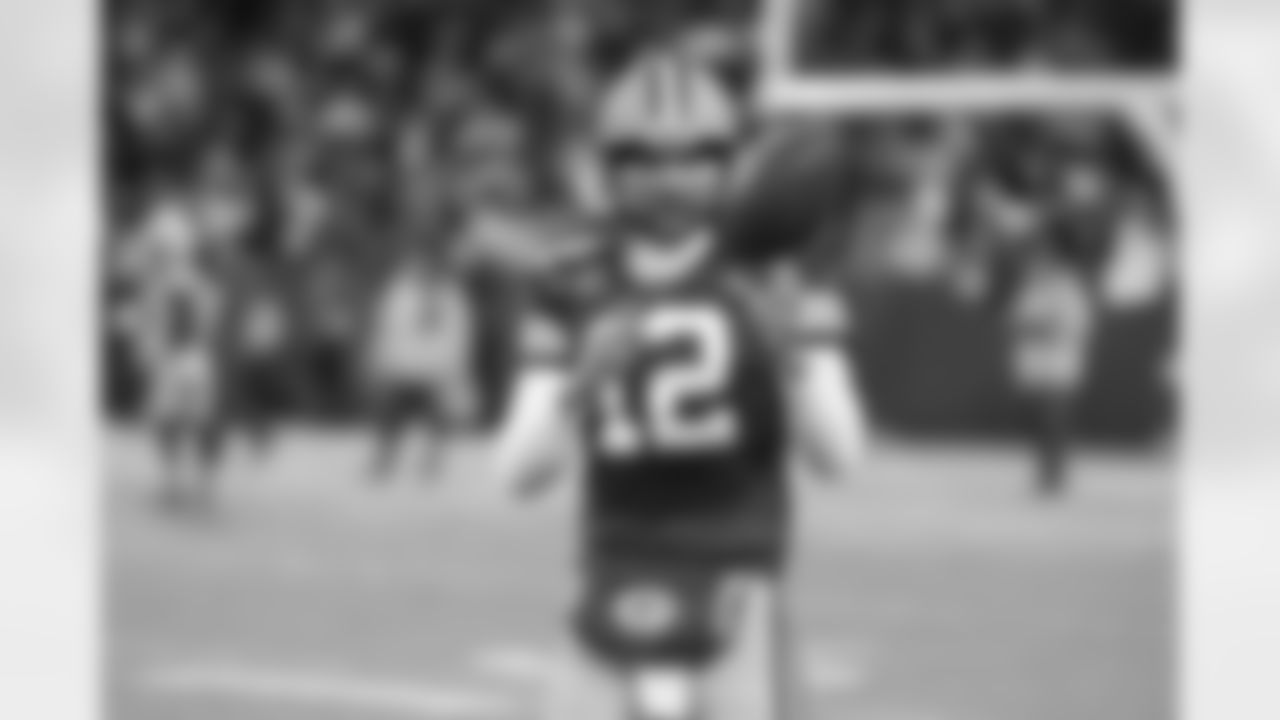 Green Bay Packers quarterback Aaron Rodgers (12) is seen warming up before an NFL Divisional Round playoff game against the San Francisco 49ers on Saturday, January 22, 2022 in Green Bay, Wisconsin. (Todd Rosenberg/NFL)