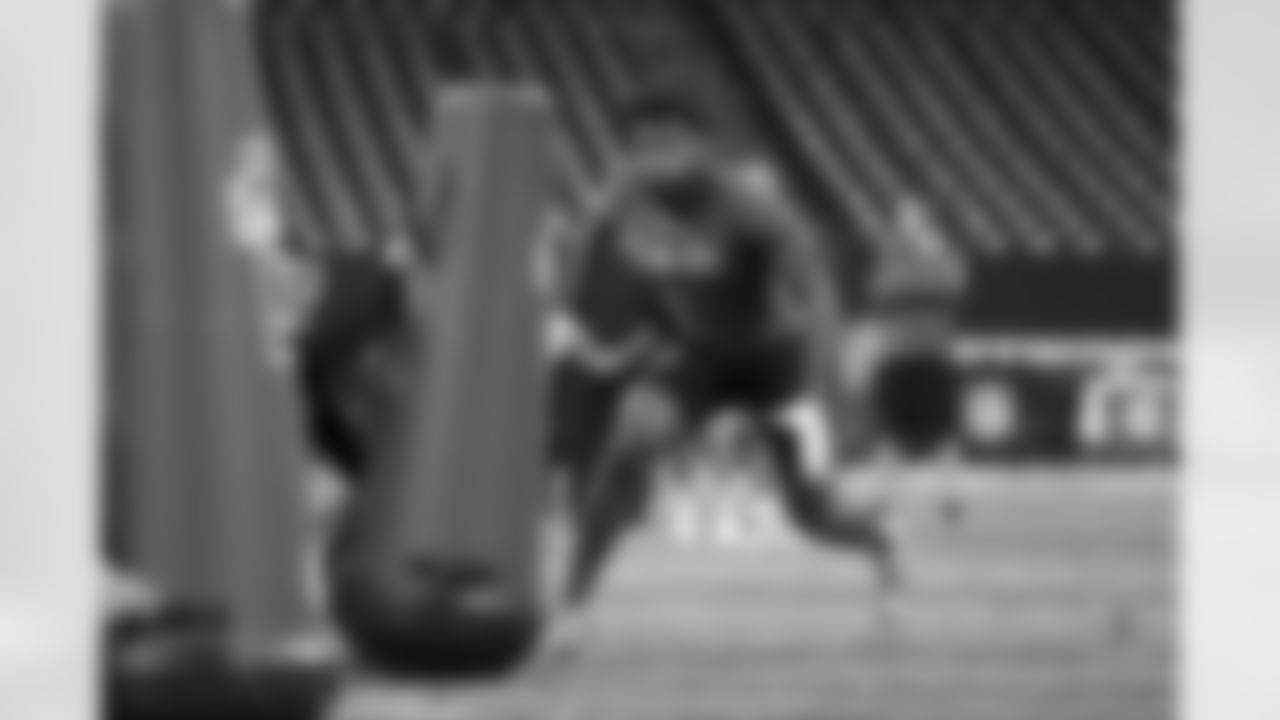 Nebraska linebacker Ochaun Mathis maneuvers through a drill during the 2023 Scouting Combine on Thursday, March 2, 2023 in Indianapolis, Indiana.
