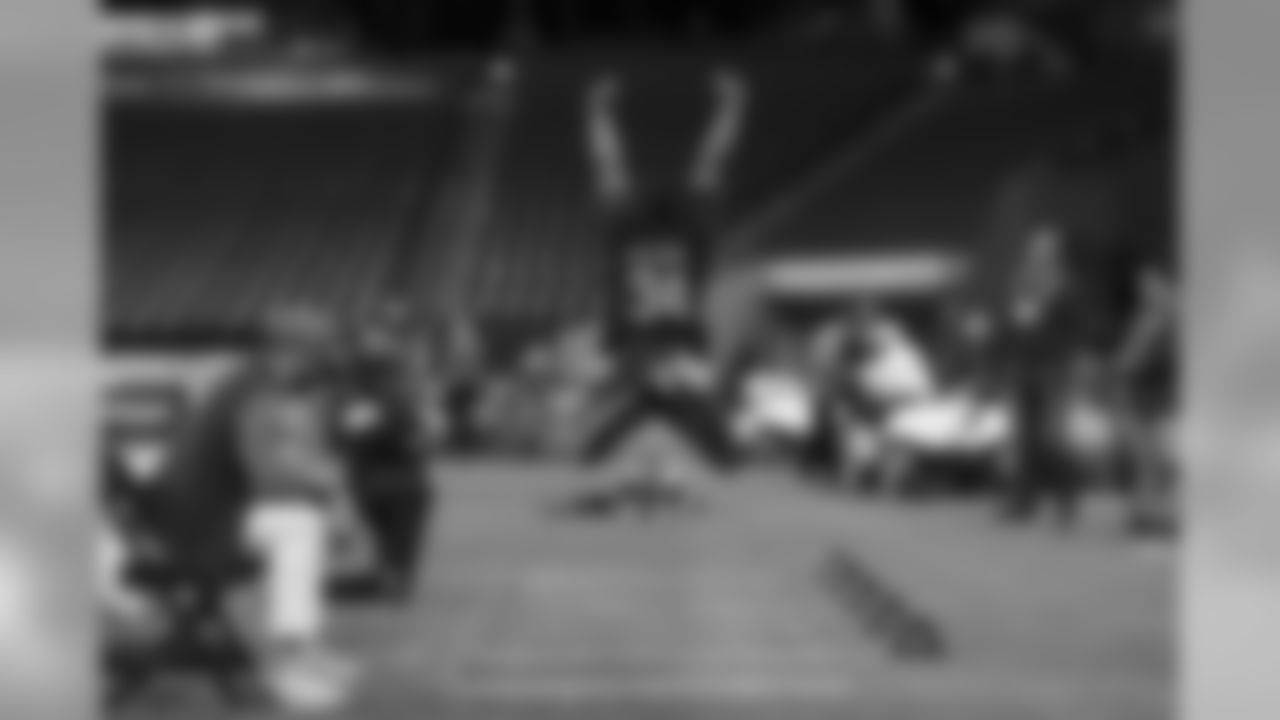 Georgia Southern cornerback Kindle Vildor participates in the broad jump during the 2020 NFL Scouting Combine, Sunday, Mar. 1, 2020 in Indianapolis. (Aaron Doster/NFL)