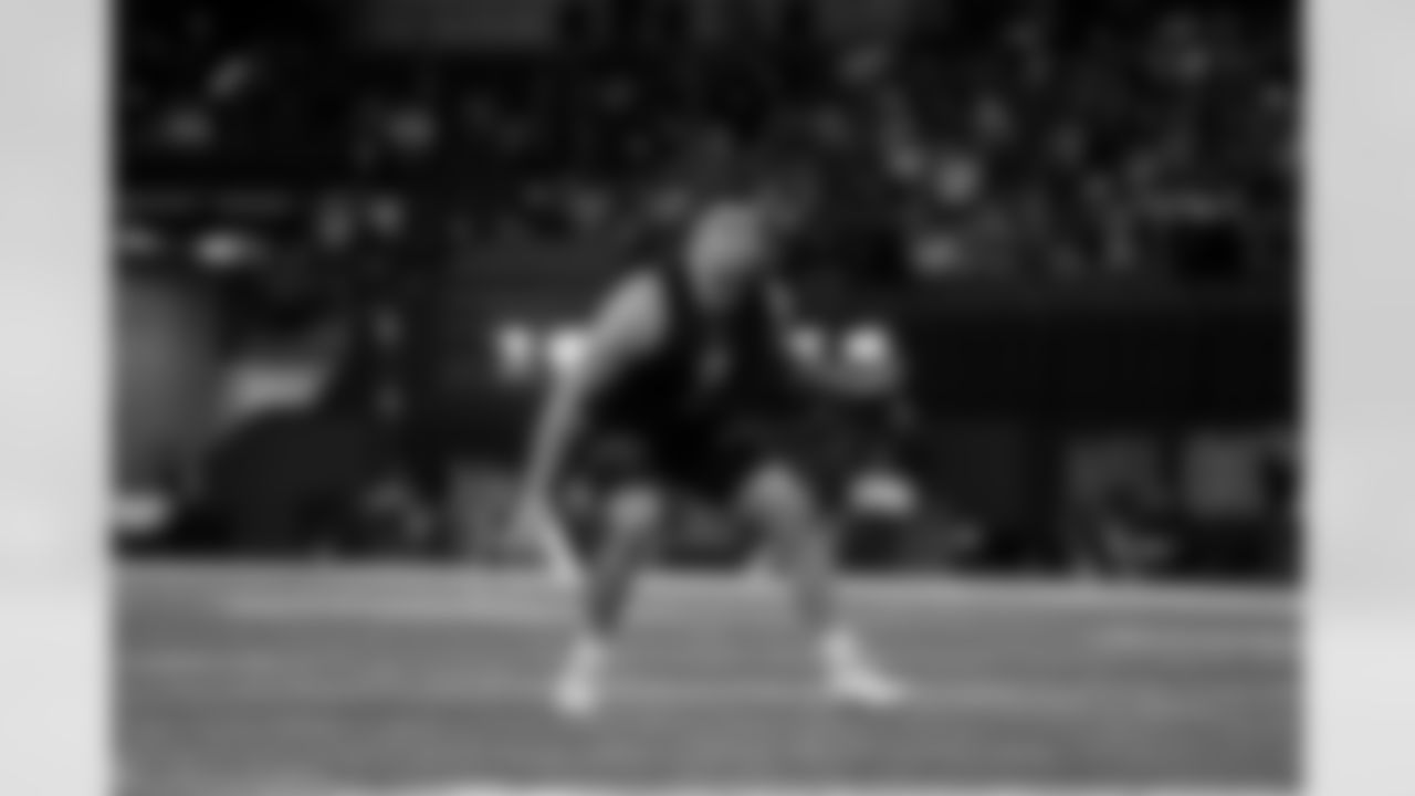Texas Tech offensive lineman Dawson Deaton (08) shuffles during a drill during the 2022 Scouting Combine on Friday, March 4, 2022 in Indianapolis, Indiana. (Ben Liebenberg/NFL)
