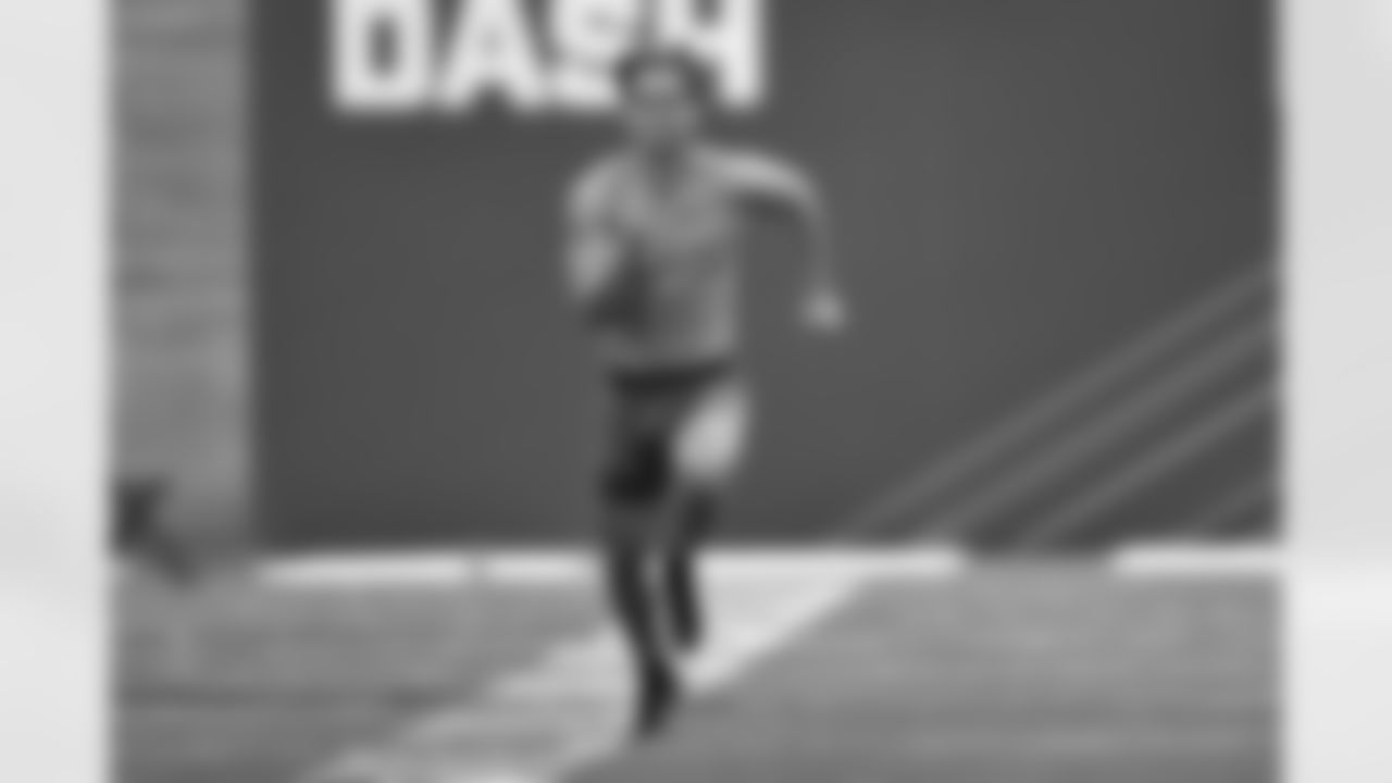 Brigham Young Cougars wide receiver Dax Milne (5) runs the 40-yard dash during the pro day event, Friday, March 26, 2021 in Provo, UT. (Alika Jenner via AP)