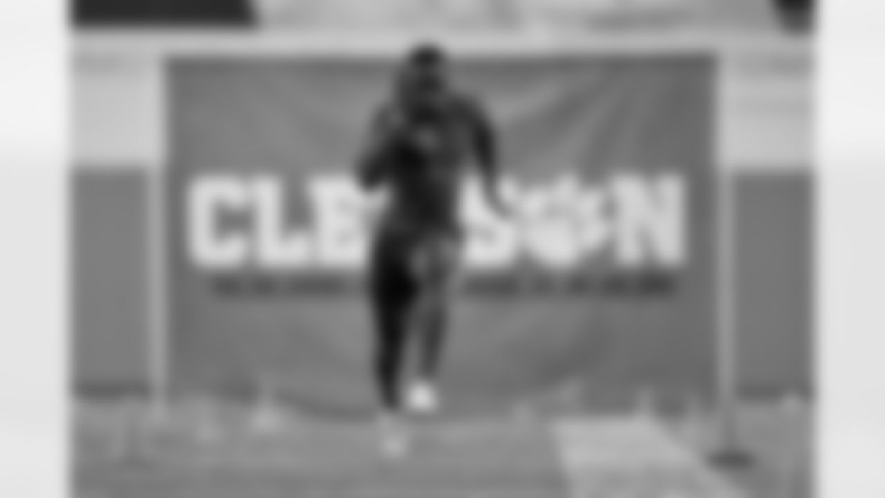 Clemson Tigers wide receiver Cornell Powell (17) runs the 40-yard dash during the pro day event, Thursday, March 11, 2021 in Clemson, S.C. (Alika Jenner via AP)