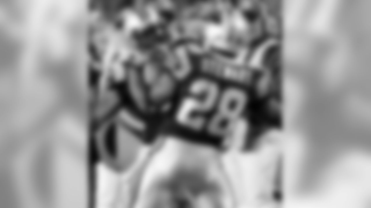 In this Dec. 8, 2008 photo, Carolina Panthers running back Jonathan Stewart (28) and Panthers' DeAngelo Williams celebrate after Stewart's touchdown in the fourth quarter of an NFL football game against the Tampa Bay Buccaneers in Charlotte, N.C. Smash and Dash. The nickname coined for the panthers running backs Jonathan Stewart (Smash) and DeAngelo Williams (Dash) is catching on as defenders bounce off. The Panthers now hope this young tandem lead them into the playoffs. (AP Photo/Chuck Burton)