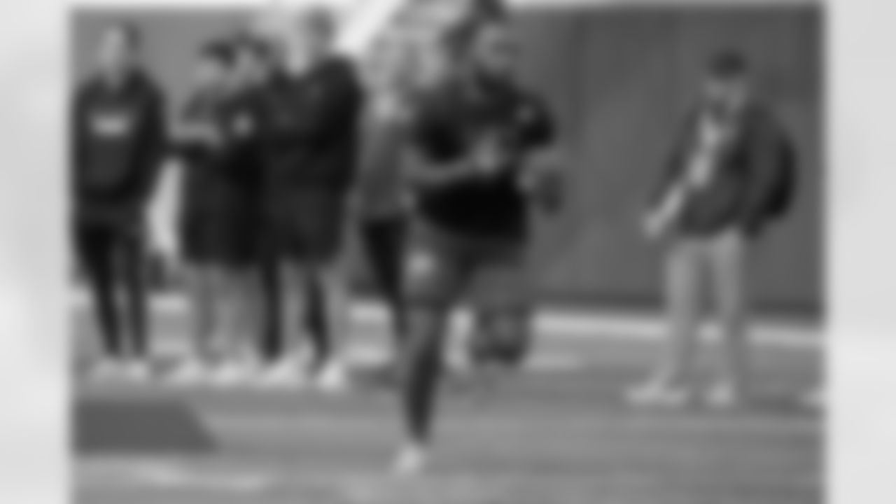 Running back Bam Knight runs a drill for NFL scouts during North Carolina State Pro Day, Tuesday, March 29, 2022, in Raleigh, N.C. (AP Photo/Chris Seward)