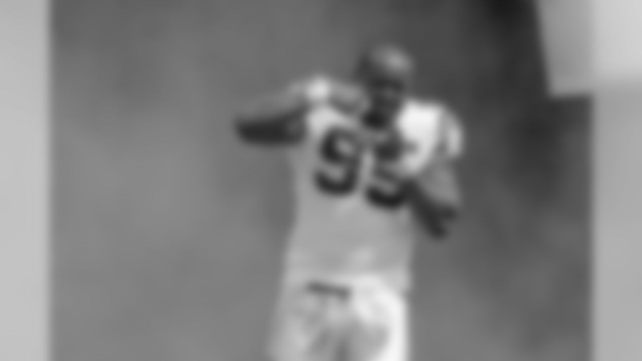 Carolina Panthers defensive end Charles Johnson (95)gestures during player introductions prior to an NFL football game against the Seattle Seahawks in Charlotte, NC, Sunday, Sept. 8, 2013. (AP Photo/Mike McCarn)
