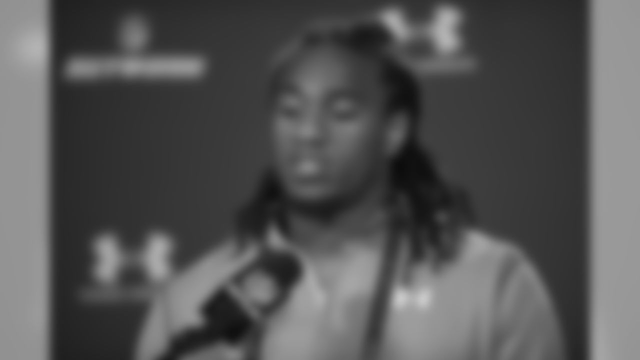 Washington linebacker Shaq Thompson talks with reporters during a news conference at the NFL football scouting combine at Lucas Oil Stadium in Indianapolis, Saturday, Feb. 21, 2015. (AP Photo/Doug McSchooler)