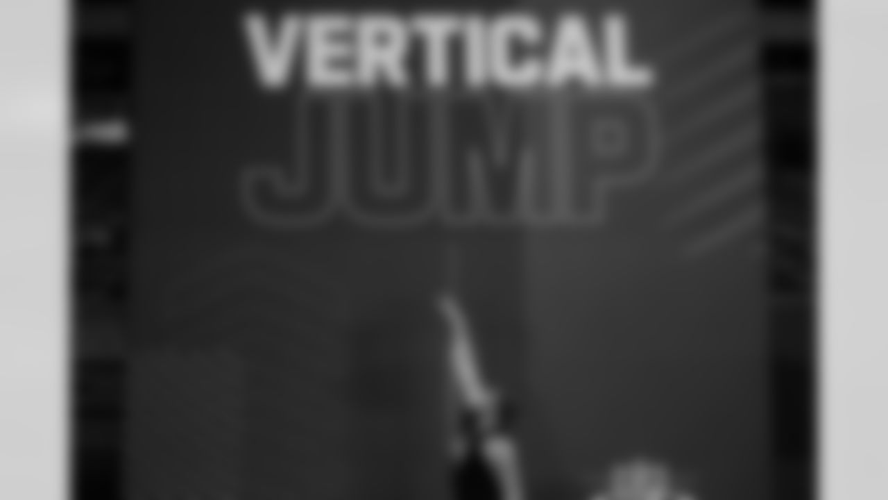 Culver-Stockton offensive lineman Andrew Rupcich (44) jumps in the vertical jump test during the 2022 Scouting Combine on Friday, March 4, 2022 in Indianapolis, Indiana. (Ben Liebenberg/NFL)