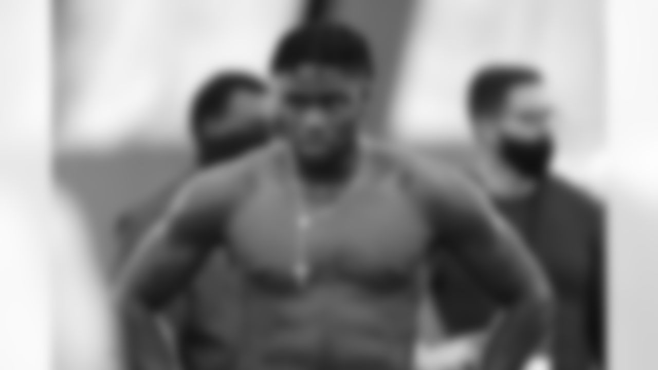 Texas defensive end Joseph Ossai waits to run at the school's football Pro Day on Thursday, March 11, 2021, in Austin, Texas. (AP Photo/Eric Gay)