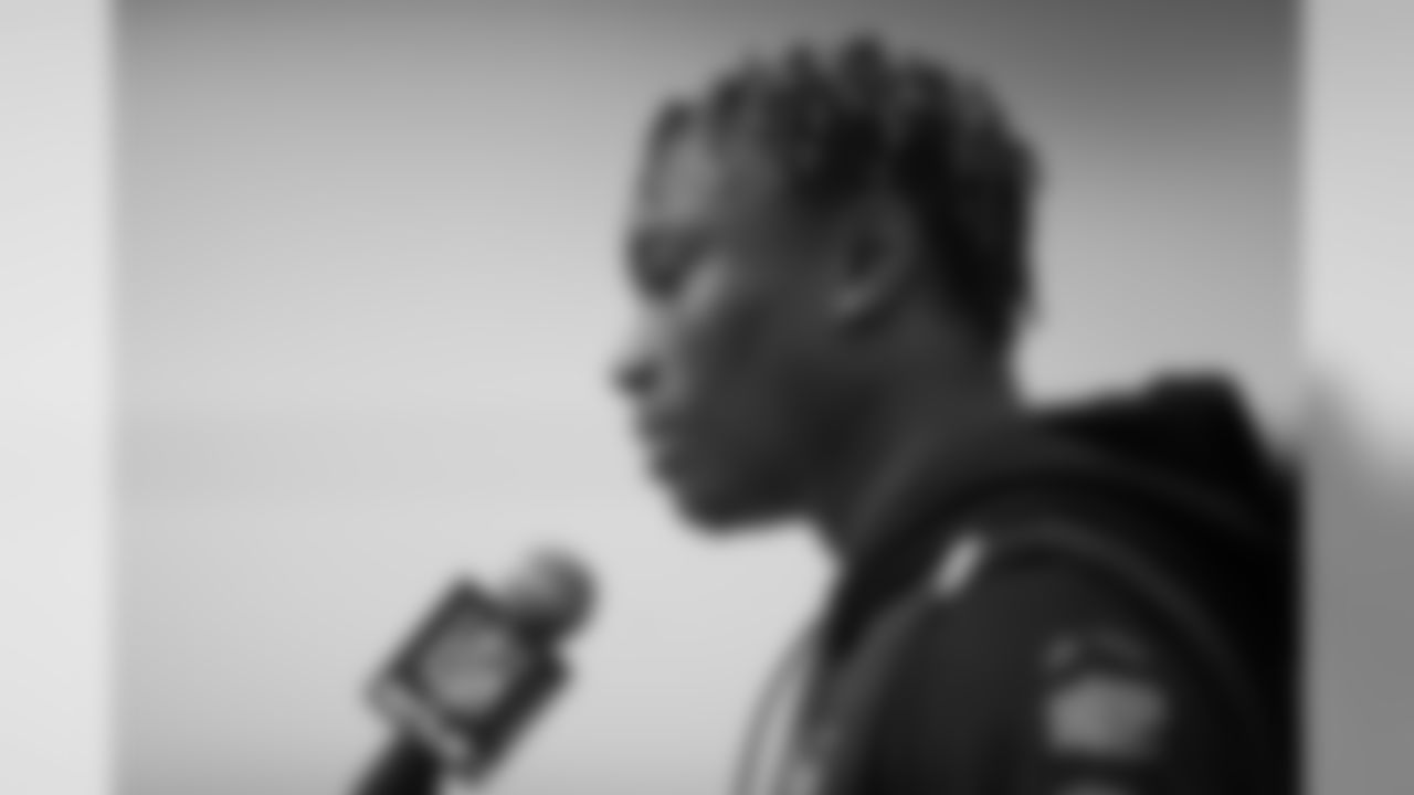 Alabama wide receiver Henry Ruggs III speaks during a press conference at the NFL football scouting combine in Indianapolis, Tuesday, Feb. 25, 2020. (AP Photo/Charlie Neibergall)