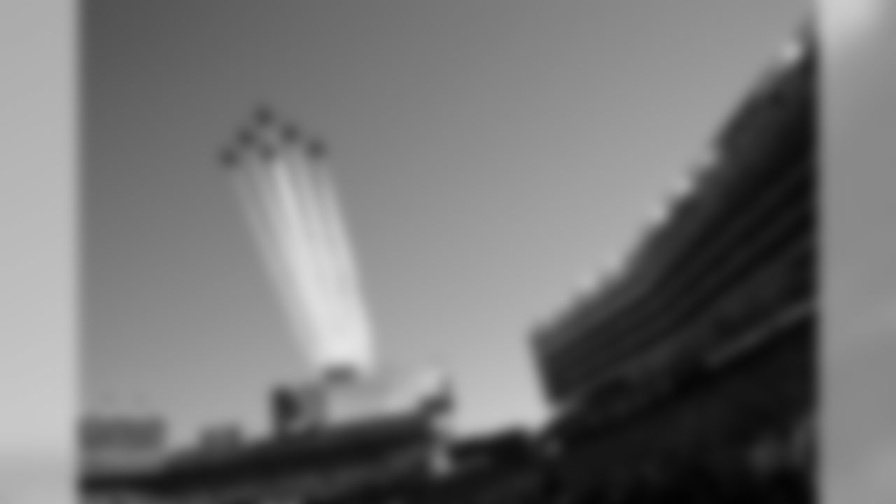 The Blue Angels fly over the stadium before the NFL Super Bowl 50 football game Sunday, Feb. 7, 2016, in Santa Clara, Calif. (AP Photo/Matt York)