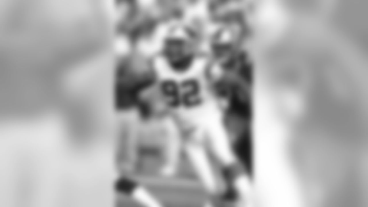 Carolina Panthers defensive end Reggie White (92) looks for a sack during 34 - 18 victory against the San Francisco 49ers Oct. 22, 2000 in an NFL football game in Charlotte. (AP Photo / Al Messerschmidt)