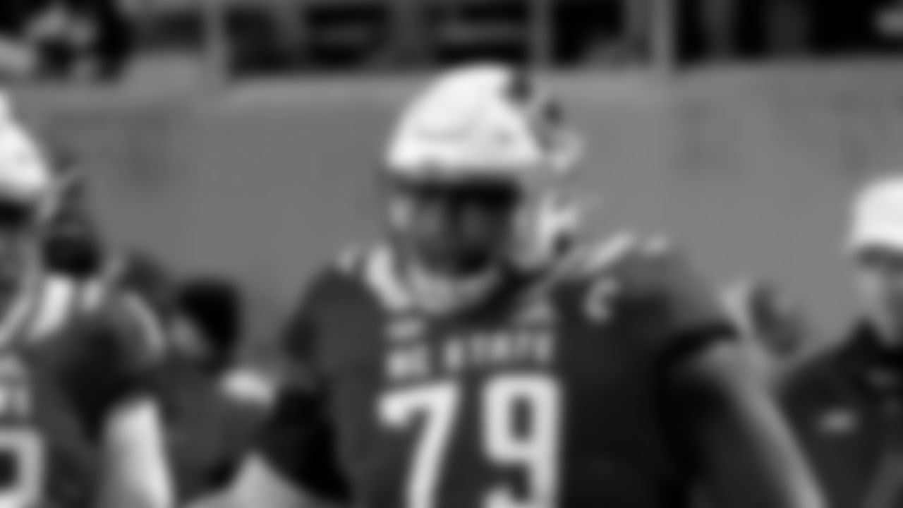 North Carolina State offensive tackle Ikem Ekwonu (79) during an NCAA college football game against North Carolina Friday, Nov. 26, 2021, in Raleigh, N.C. (AP Photo/Chris Seward)