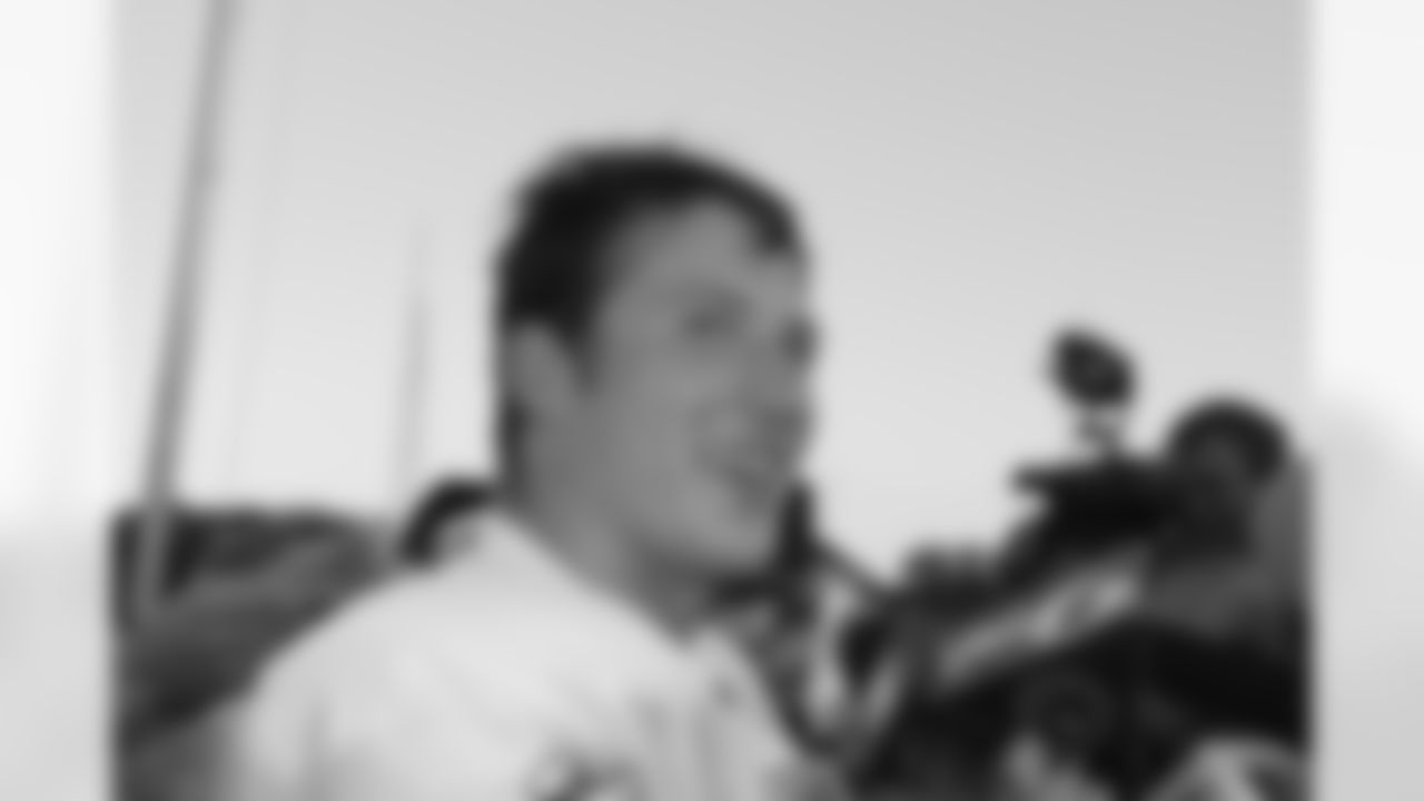 Nate Solder talks with the media