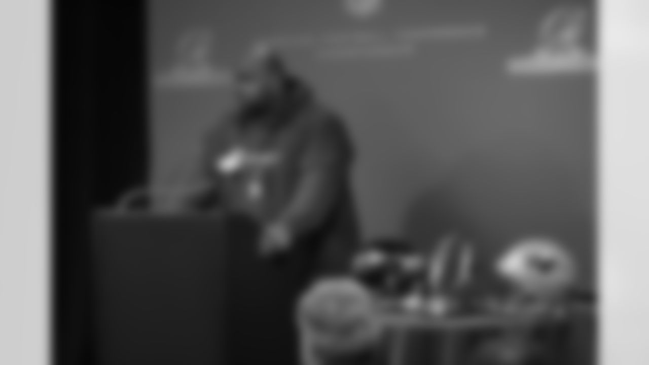 Vince Wilfork speaks with the media in the shadow of the Lamar Hunt trophy