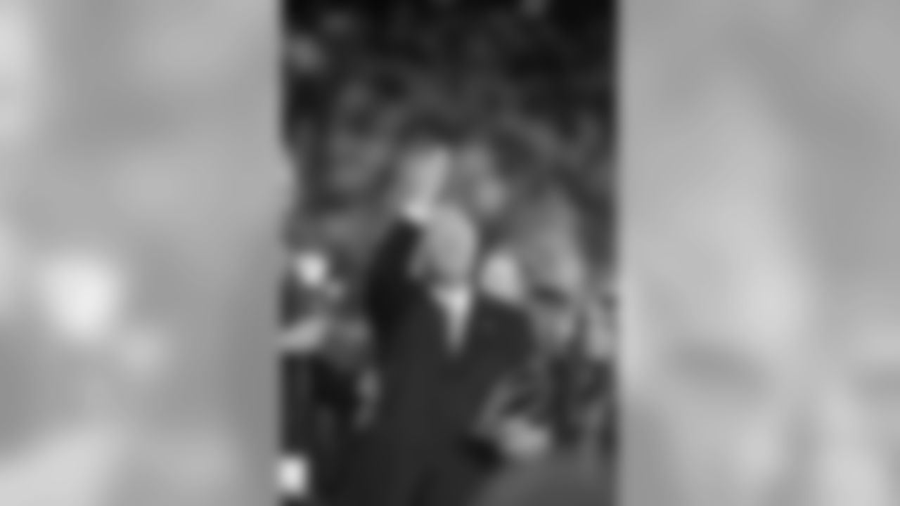 Patriots Chairman and CEO Robert Kraft gives a salute to his late wife Myra Kraft after the Patriots AFC Championship win