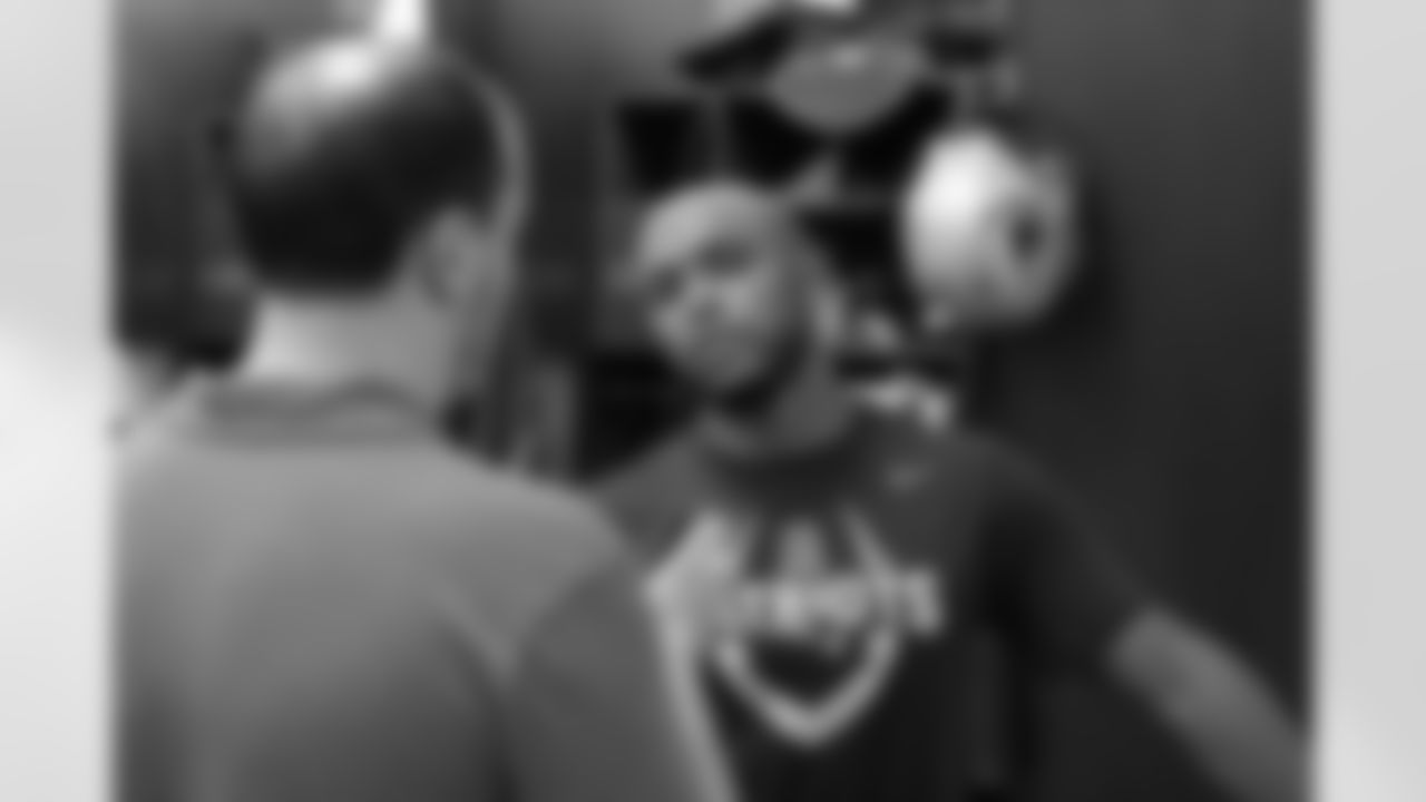 Shane Vereen speaks with a member of the media