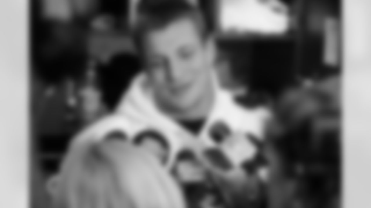 Rob Gronkowski speaks with the media at his locker during the AFC Championship week.