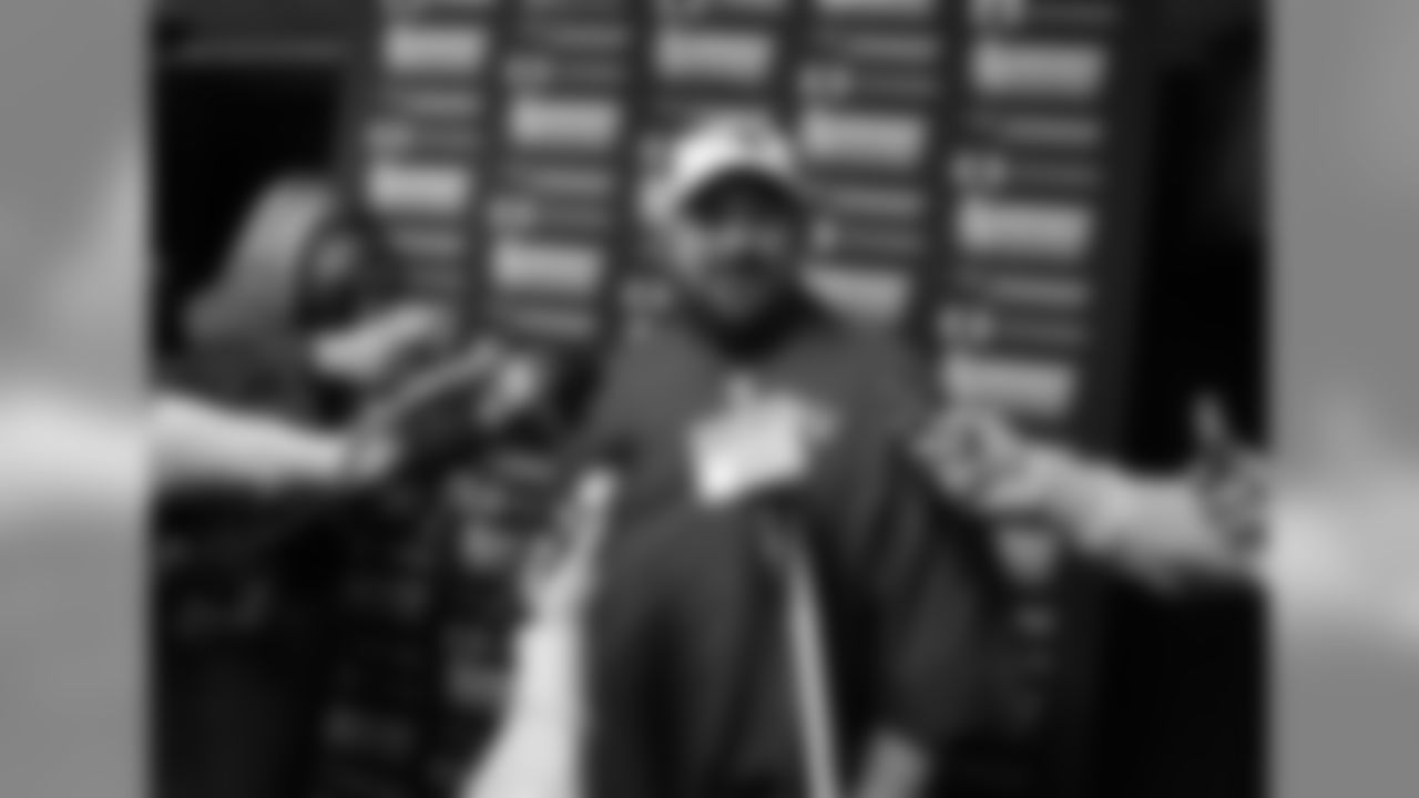 Defensive Coordinator Matt Patricia talks with the media