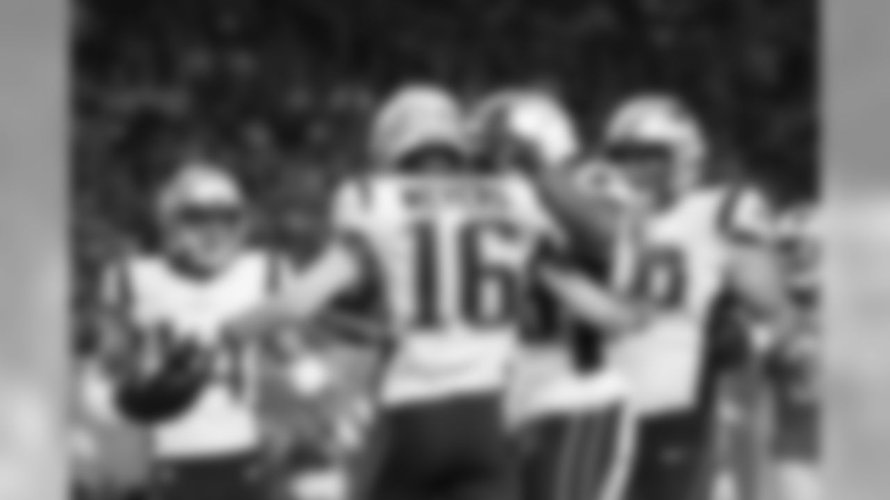New England Patriots receiver Jakobi Meyers (16) is congratulated by teammates after his 5-yard touchdown reception during the first half of a preseason NFL football game against the Detroit Lions, Thursday, Aug. 8, 2019, in Detroit. (AP Photo/Rick Osentoski)