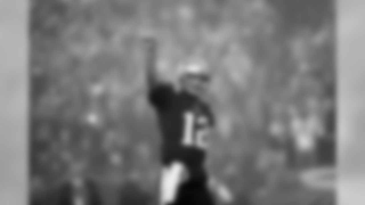 (Editors note: Image has been converted to Black and White) New England Patriots quarterback Tom Brady (12) celebrates during a week 7 NFL football game against the Atlanta Falcons on Sunday, Oct. 22, 2017, in Foxborough, Mass. New England won 23-7. (Aaron M. Sprecher via AP)