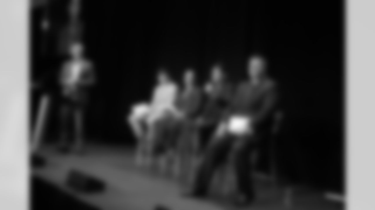 ESPN's Trey Wingo moderates a draft discussion with a panel of experts. From left to right -- Field Yates, Mike Reiss, Tedy Bruschi and Trevor Matich.