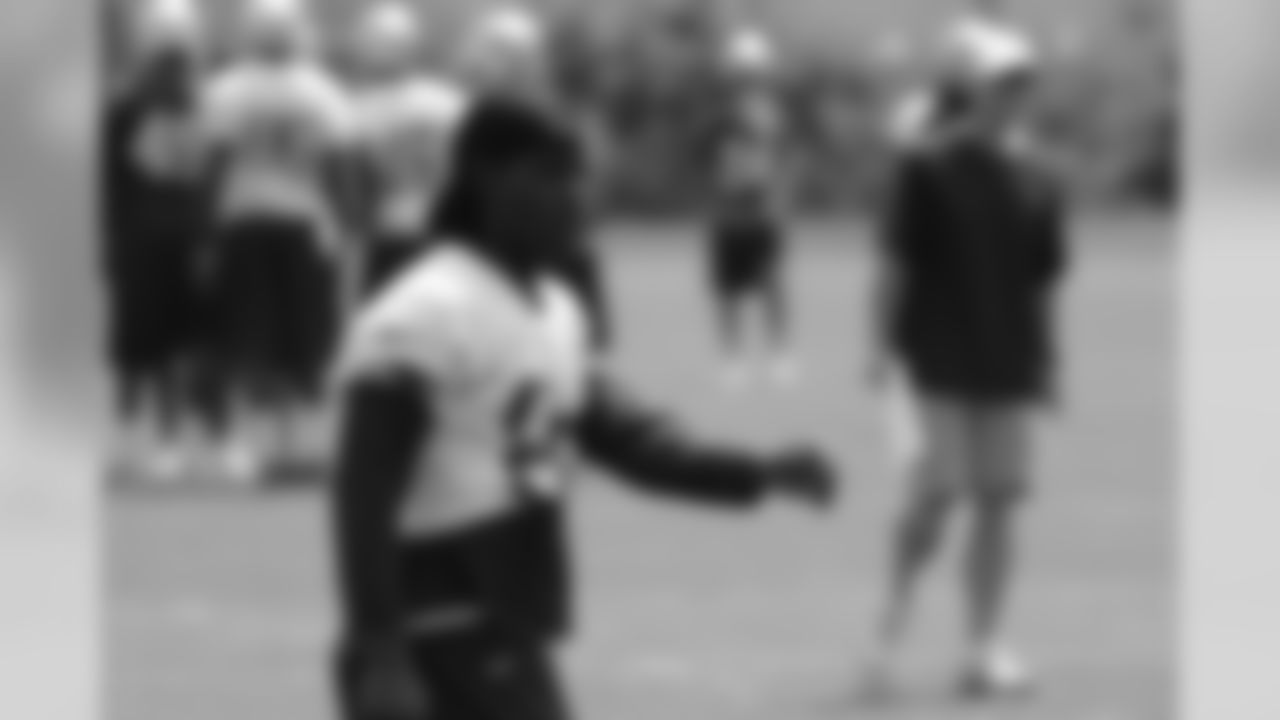 Deion Branch greets fans before training camp practice