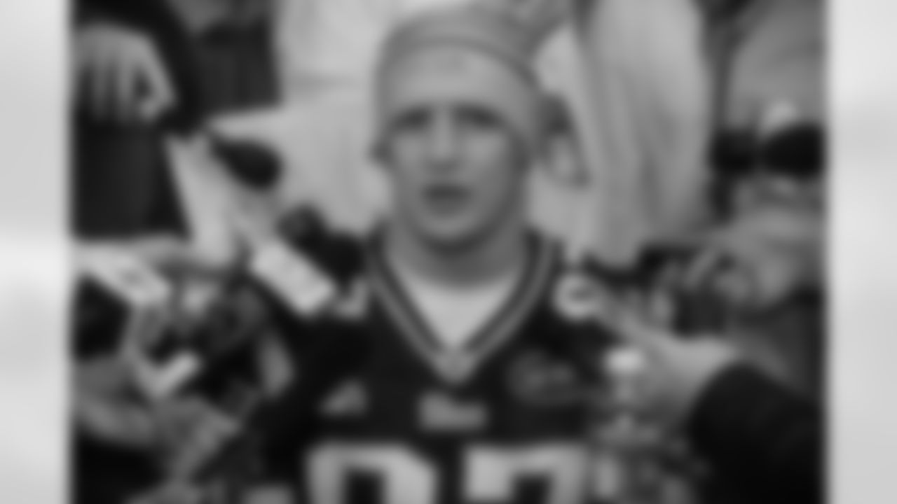 Rob Gronkowski answers questions at the team hotel