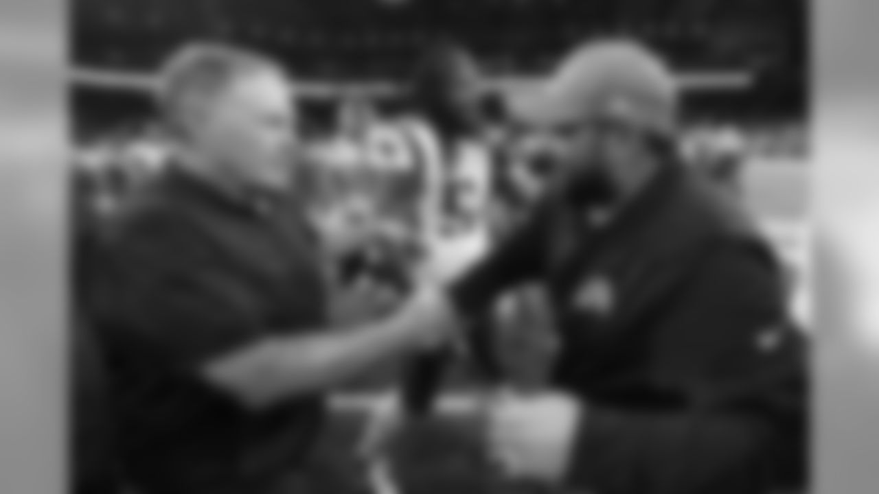 New England Patriots coach Bill Belichick, left, greets Detroit Lions coach Matt Patricia after a preseason NFL football game Thursday, Aug. 8, 2019, in Detroit. (AP Photo/Paul Sancya)