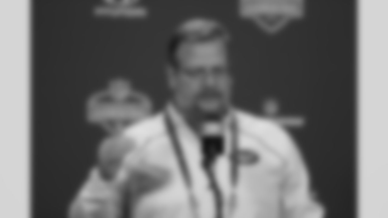 New York Jets general manager Mike Maccagnan speaks during a press conference at the NFL football scouting combine in Indianapolis, Wednesday, Feb. 24, 2016. (AP Photo/Michael Conroy)