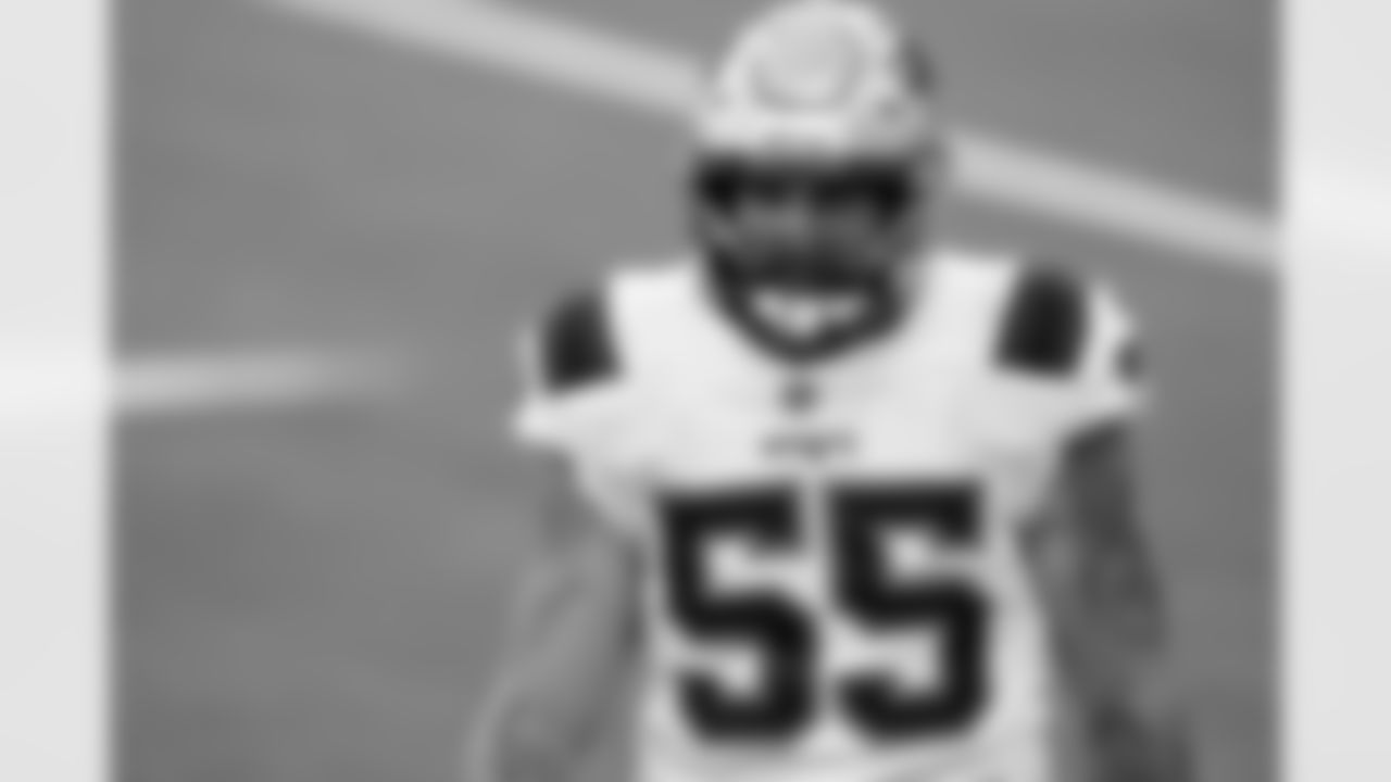 New England Patriots defensive end John Simon (55) during the second half of an NFL football game against the Los Angeles Chargers Sunday, Dec. 6, 2020, in Inglewood, Calif. (AP Photo/Ashley Landis)